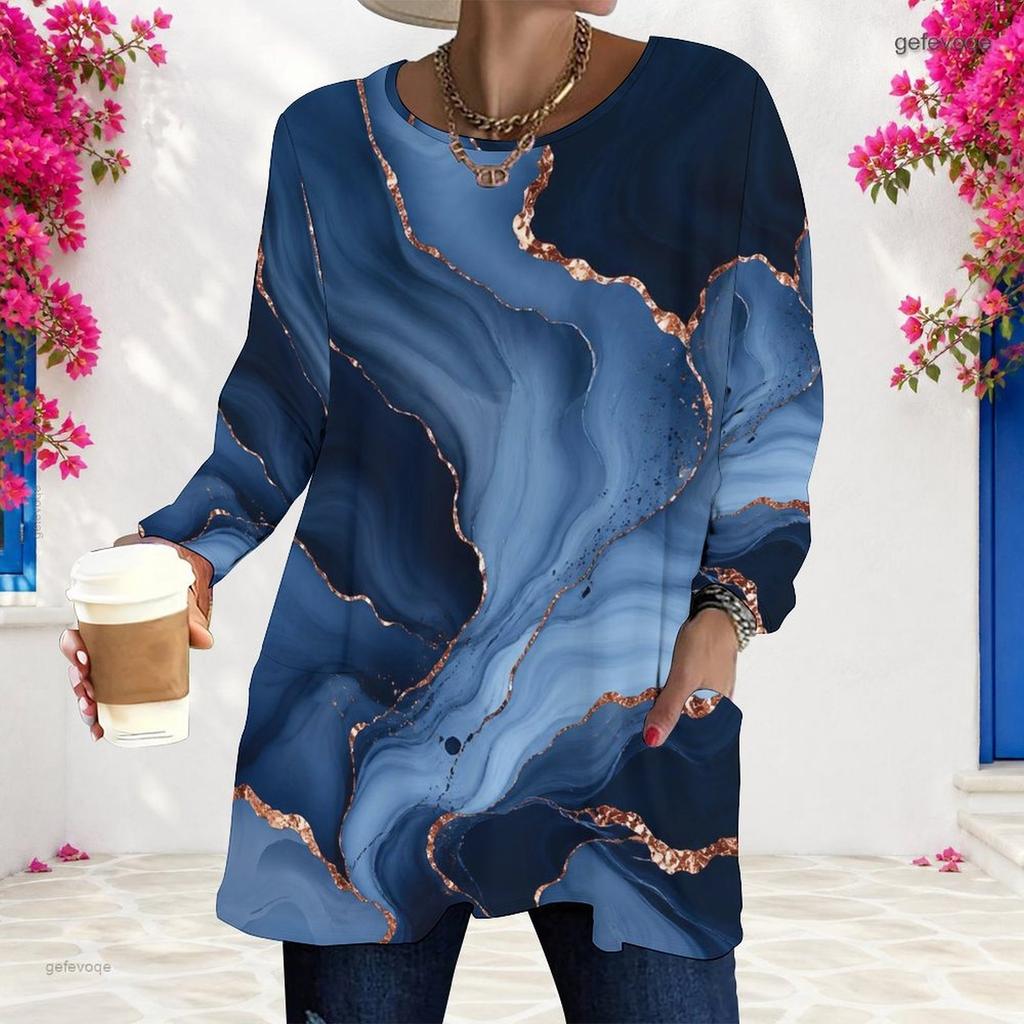 Women Plus Size Round Neck Long Sleeve Marble Printed Green Blue Gold Loose Tunic Top With Pockets
