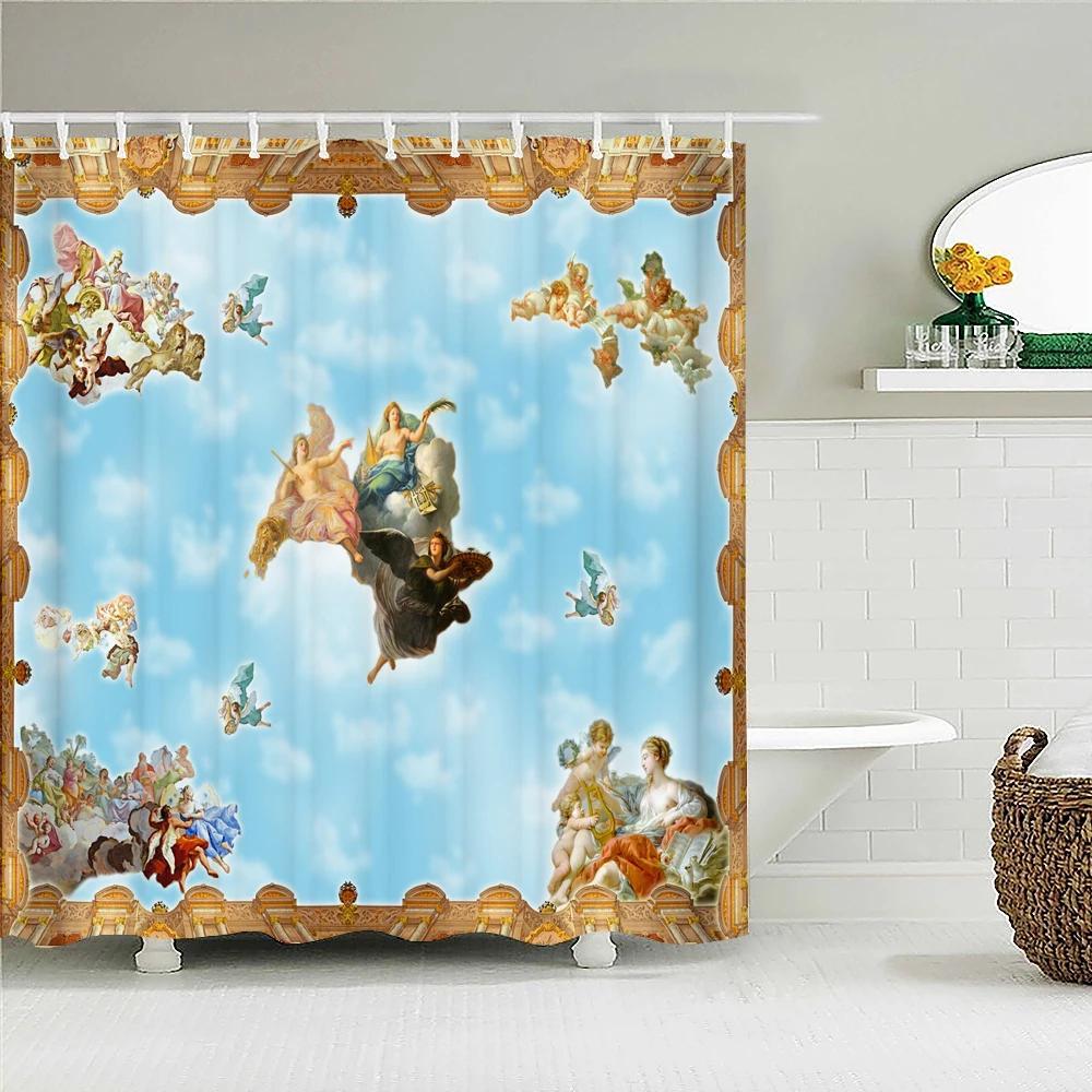 

European Retro Style Angels Shower Curtains Waterproof Fabric Bathroom Curtain Church Mural Bathtub Bath Curtains With 12 Hooks W60H190(CM)-1 Pcs