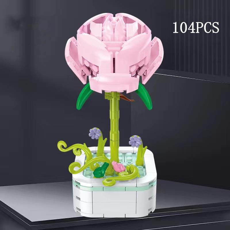 Kalıcı Buket Lale Çiçeği Yapı Taşı 3D Model Ev Dekorasyonu Bitki Saksıda Montaj Tuğlaları Sevgililer Günü Çocuk Hediyeleri