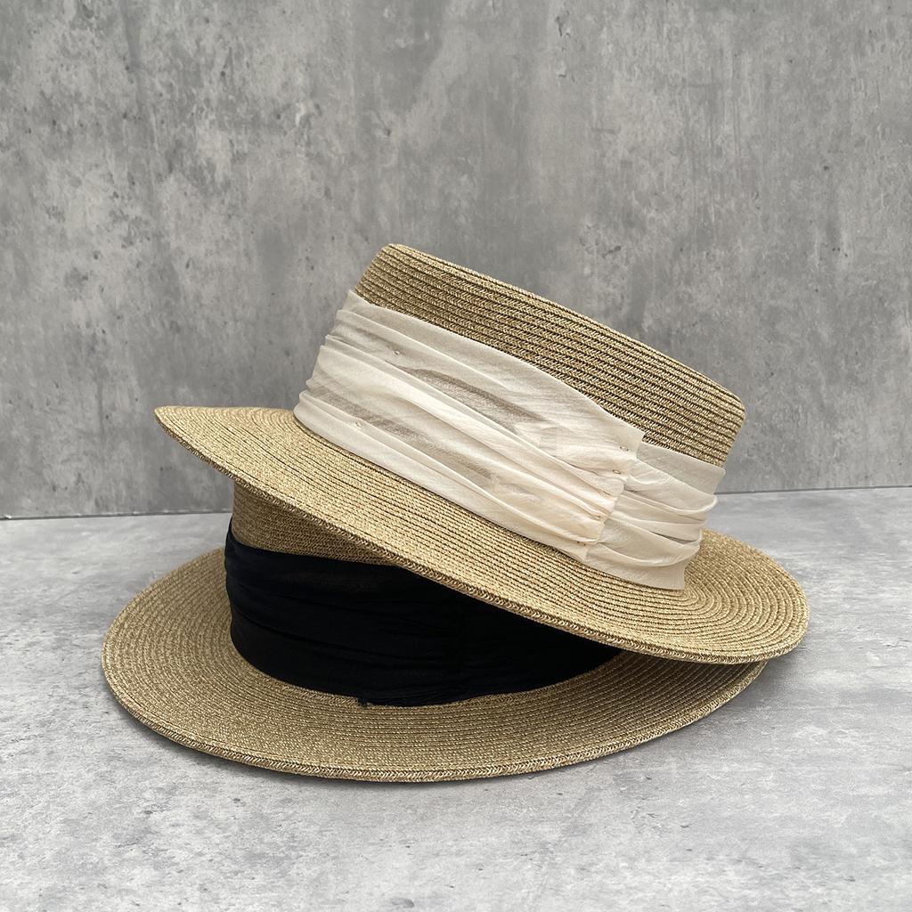 High quality fashion French flat top sunshade straw hat women's seaside vacation sun hat organza pleated elegant top hat