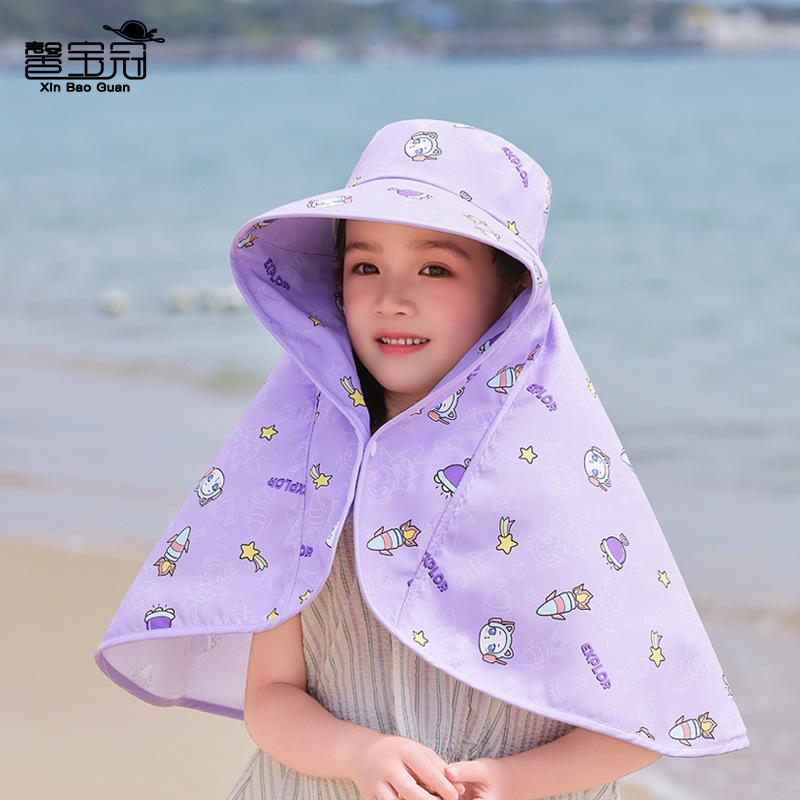 Children's hats summer boys and girls sunscreen cap extended shawl neck protection sunshade bucket hat outdoor big eaves sun hat