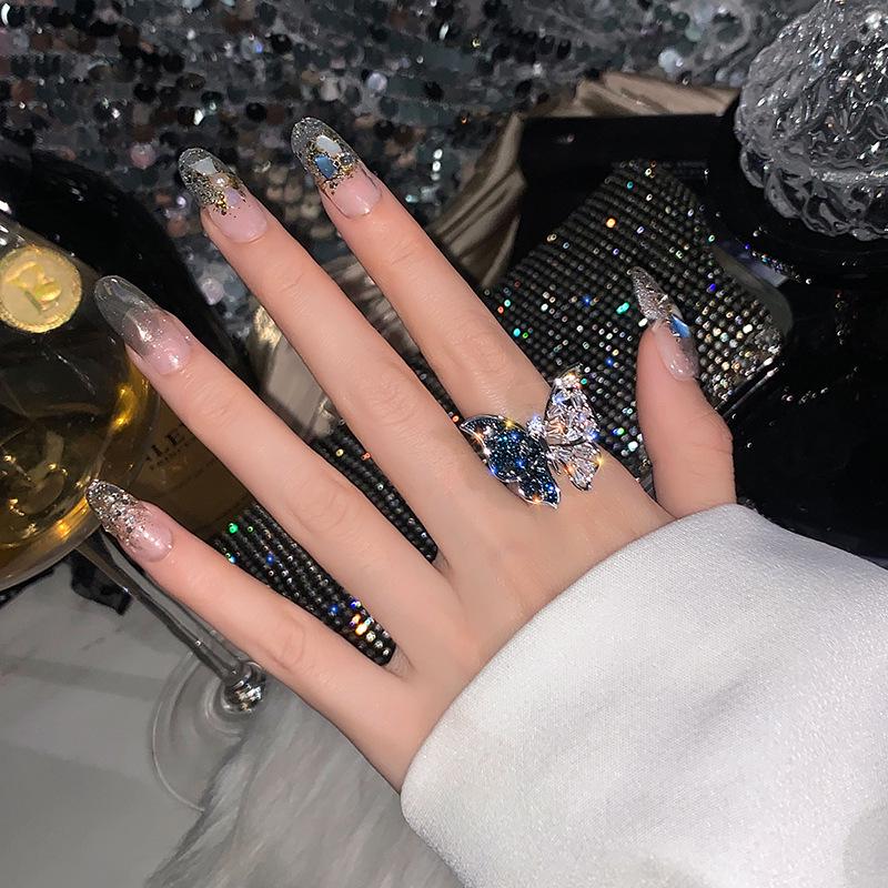 Spring Trend Rhinestone Butterfly Open Ring - Exaggerated European/American Style, Super Shiny, Trendy Forest Look