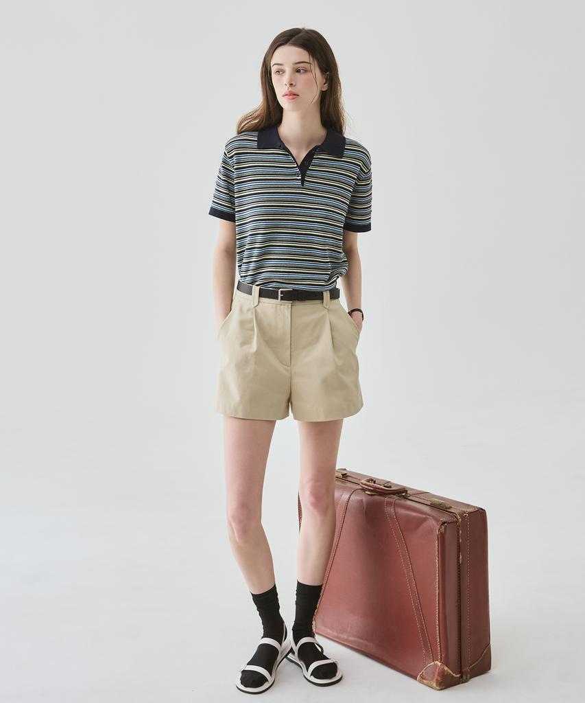 Deuloupisumeon Cotton Striped Short Sleeve Collared Knit [Ivory]
