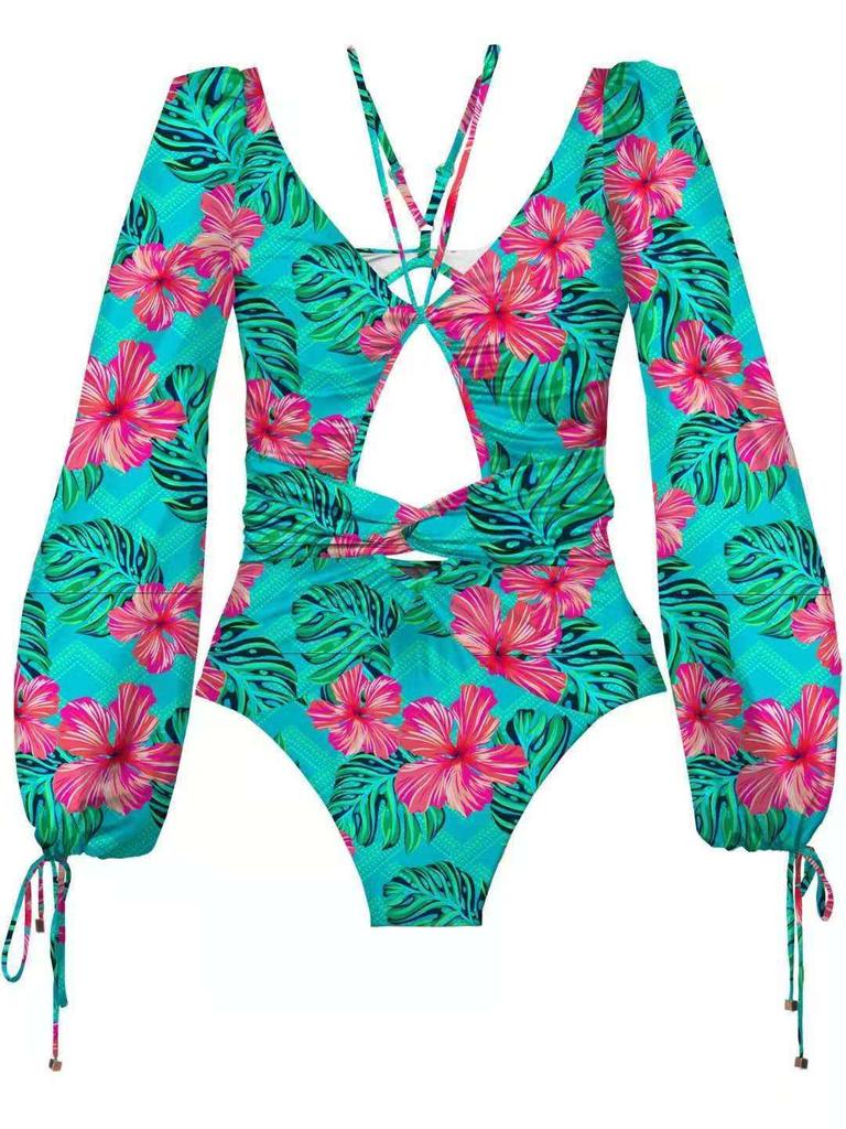 European & American Women's Sexy Gathered Long Sleeve One-Piece Print Swimsuit
