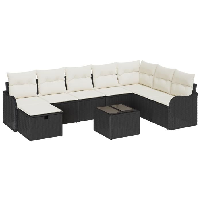 Canapé de Jardin 9 Pièces avec Coussins Rattan Noir, Canapé de Jardin 2 Places avec Coussins Rattan Noir 3359036