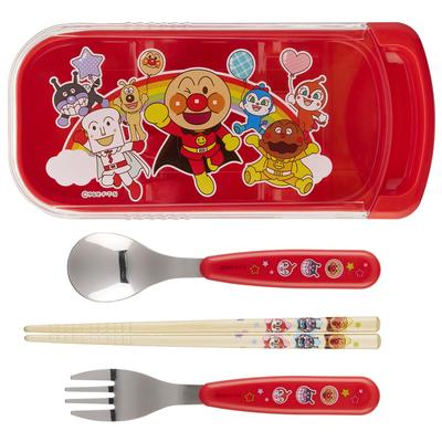 LEC Anpanman Antibakteriyel Kaydırmalı Set Bambu Uzay 3 Parça (Çatal, Kaşık, Yemek Çubukları) Kırmızı/SIAA Antibakteriyel/İsim Dahil/