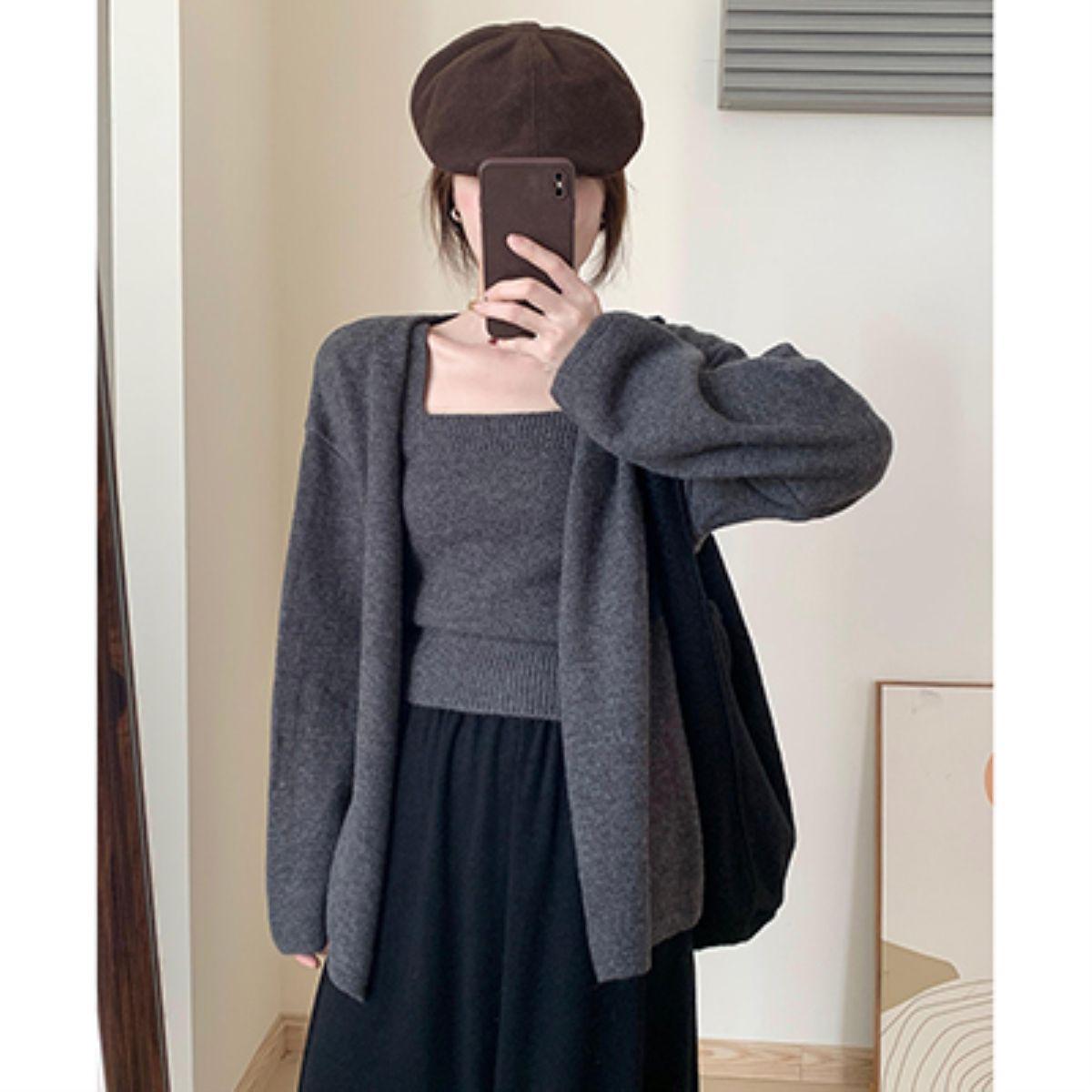 

Корейский трикотажный кардиган и майка с нежным ветром: Трендовая, Молодящая Мода для Весны и Осени S