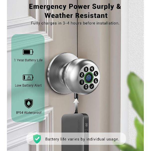 Inteligentny zamek do drzwi z klawiaturą, Bezkluczykowy zamek do drzwi z czytnikiem linii papilarnych i klamką do drzwi wejściowych i sypialni, Elektroniczny zamek do drzwi z gałką biometryczną i kodem z