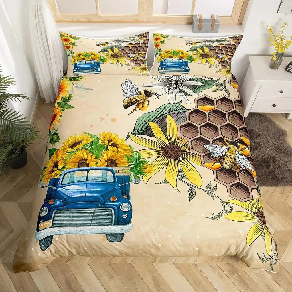 Bee And Butterfly Duvet Cover Set,Spring Floral Bedding Sets For Boys Girls,Colorful Flowers Country Style Comforter Cover Queen