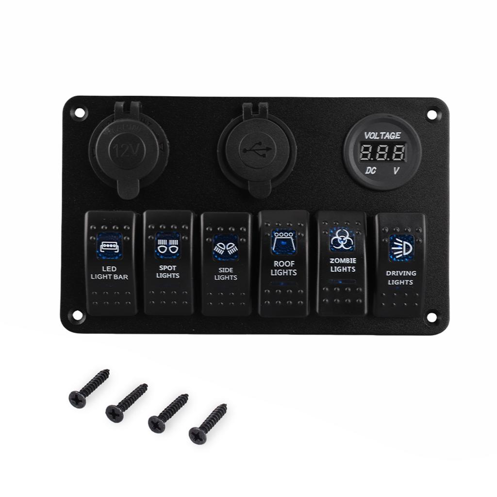 6 Way LED Car Boat Rocker Switch Panel USB Socket Cigarette Plug Voltmeter