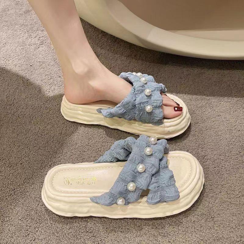 

2025 Новые туфли Fairy Style Sponge Cake на толстой подошве для пляжа и пляжа, Ins Pearl Cool Тапочки для женской верхней одежды 40-41 синий