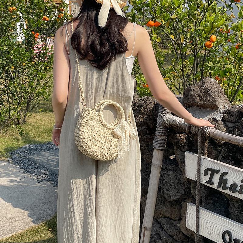 Half-Round Straw Woven Crossbody Bag - Casual Beach-Style Handbag for Women