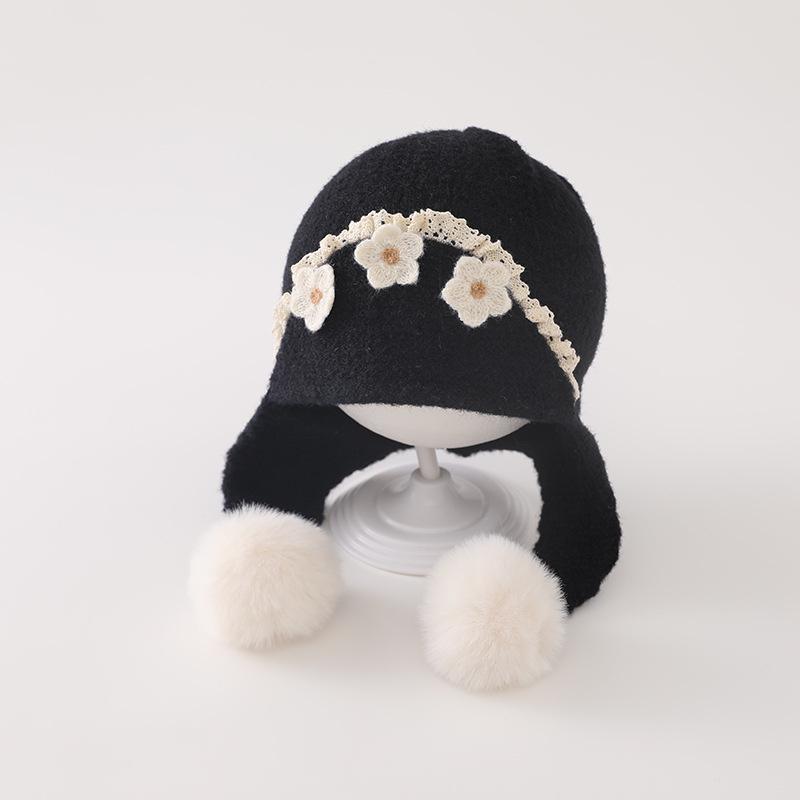 Cozy Floral Knit Wool Hat with Ear Protection for Baby Girls - Autumn/Winter