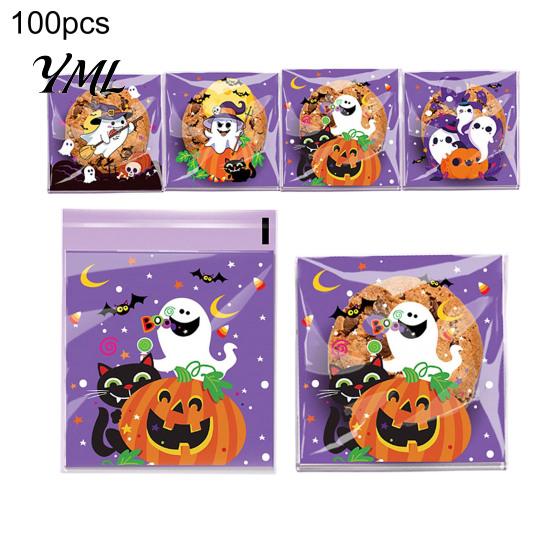 Small Plastic Bags for Treats 100 Pcs Halloween Treat Bags, Self Adhesive Seal Clear Candy Dessert Cute Cartoon Pouches Cookie Trick or Party