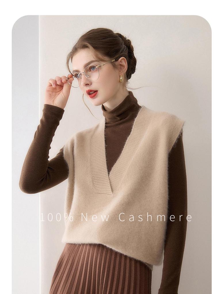 Women's Cashmere Knitted Sleeveless Sweater Vest for Autumn and Winter