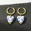 Blue and White Porcelain Style Heart Ear Cuffs - Stainless Steel Ceramic Earrings