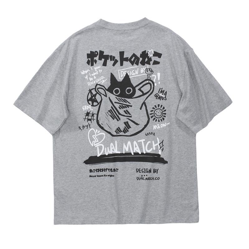 Summer Japanese Retro Pocket Cat Cartoon Printed Short Sleeve T-shirt Male Female Couples Unisex College Style Oversized Top