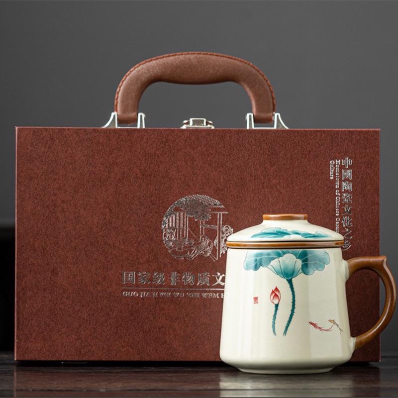 Chinese Ru Kiln Teacup Blue And White Ceramic With Lid Tea Separation Water Cup Household Special Tea Cup Office Mug