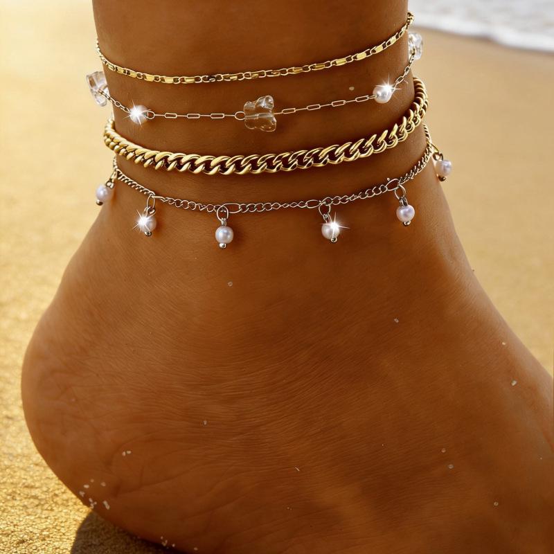 European Style Multi-Layer Metal Chain Anklet Set - Trendy Stackable Foot Jewelry