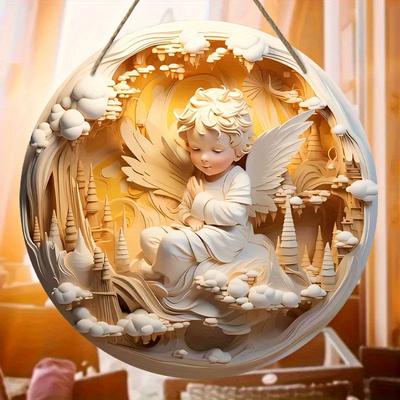 1 pieza, Alas de Ángel de la Natividad 2D Castillo Bautismo Esperanza Madera 20cm/7.87pulgadas Decoración Colgante Redonda para Pared o Puerta, Acción de Gracias