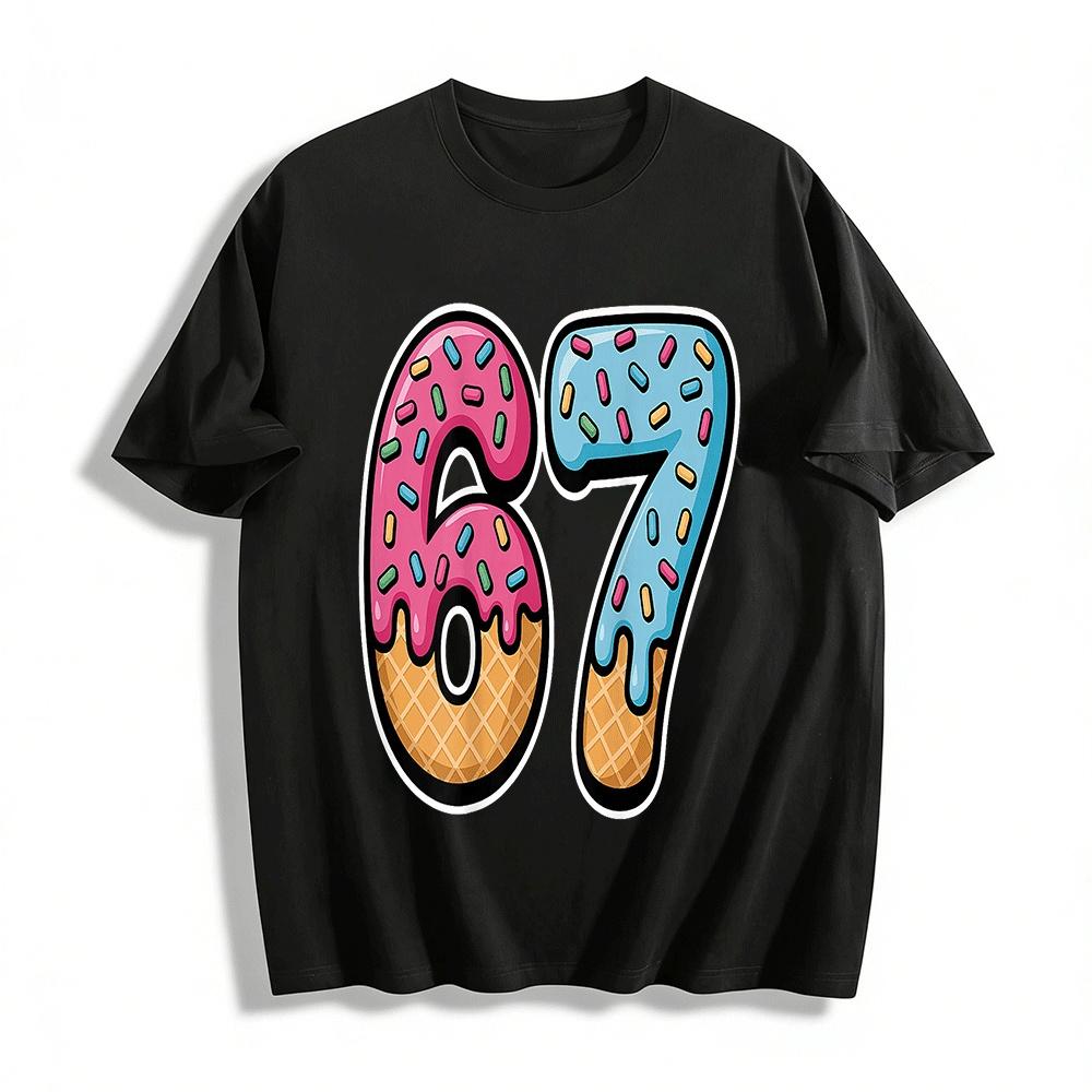 Cute Cone Frosting Number 67 Print Casual Short Sleeve Top Pure cotton T-shirt XXS