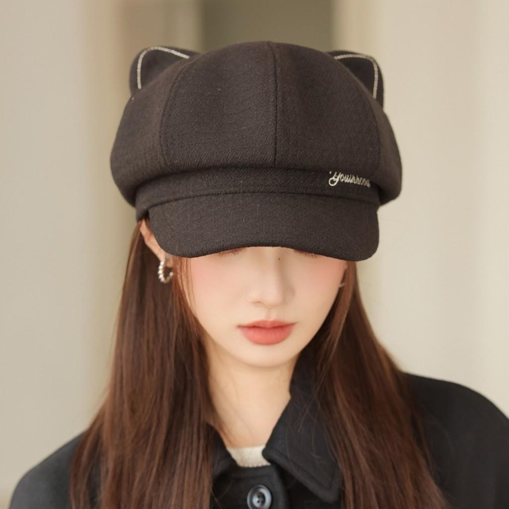 

Cute 3d Cat Ears Octagon Hat With Knit Fabric For Fall And Winter Daily Use чёрный