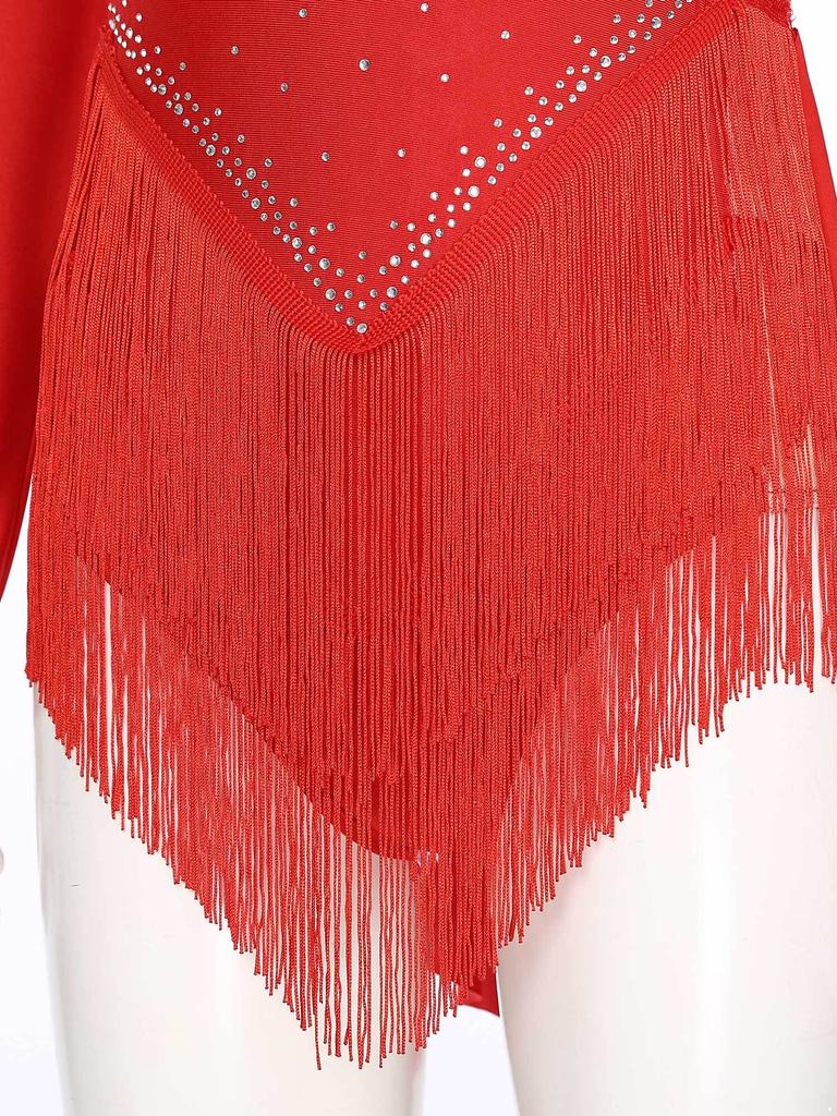 Body de Baile Latino Brillante con Pedrería para Mujer Cuello en V Profundo Manga Larga Leotardo con Flecos Espalda Descubierta Disfraz de Actuación