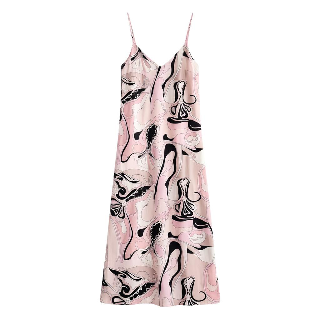 Nanyou high-end light luxury abstract marble printed long dress, vacation-style socialite spaghetti strap dress, women s summer seaside dress S розовый