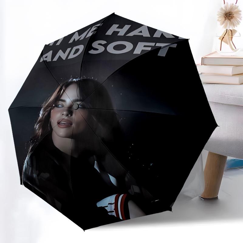Singer Billie Eilish1 Print Automatic Umbrella, 8 Rib Iron Frame, Plastic Handle, Suitable for Outdoor Travel &Daily , Ideal Gift