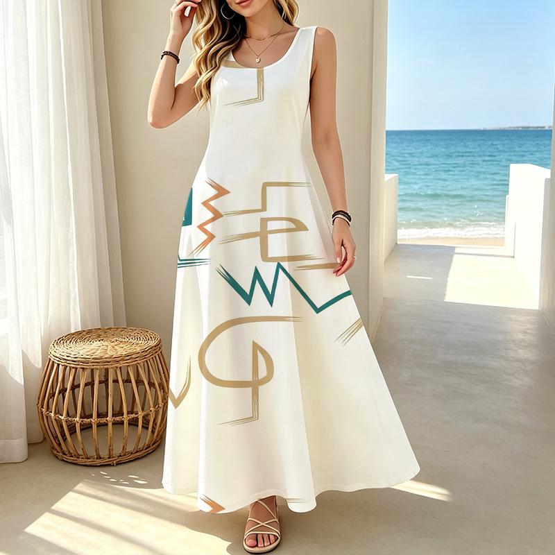 Women's Sleeveless Maxi Dress,Minimalist Geometric Pattern,Loose Fit Comfy Fabric For Beach Vacation,Daily Commute,Date & Casual Shopping