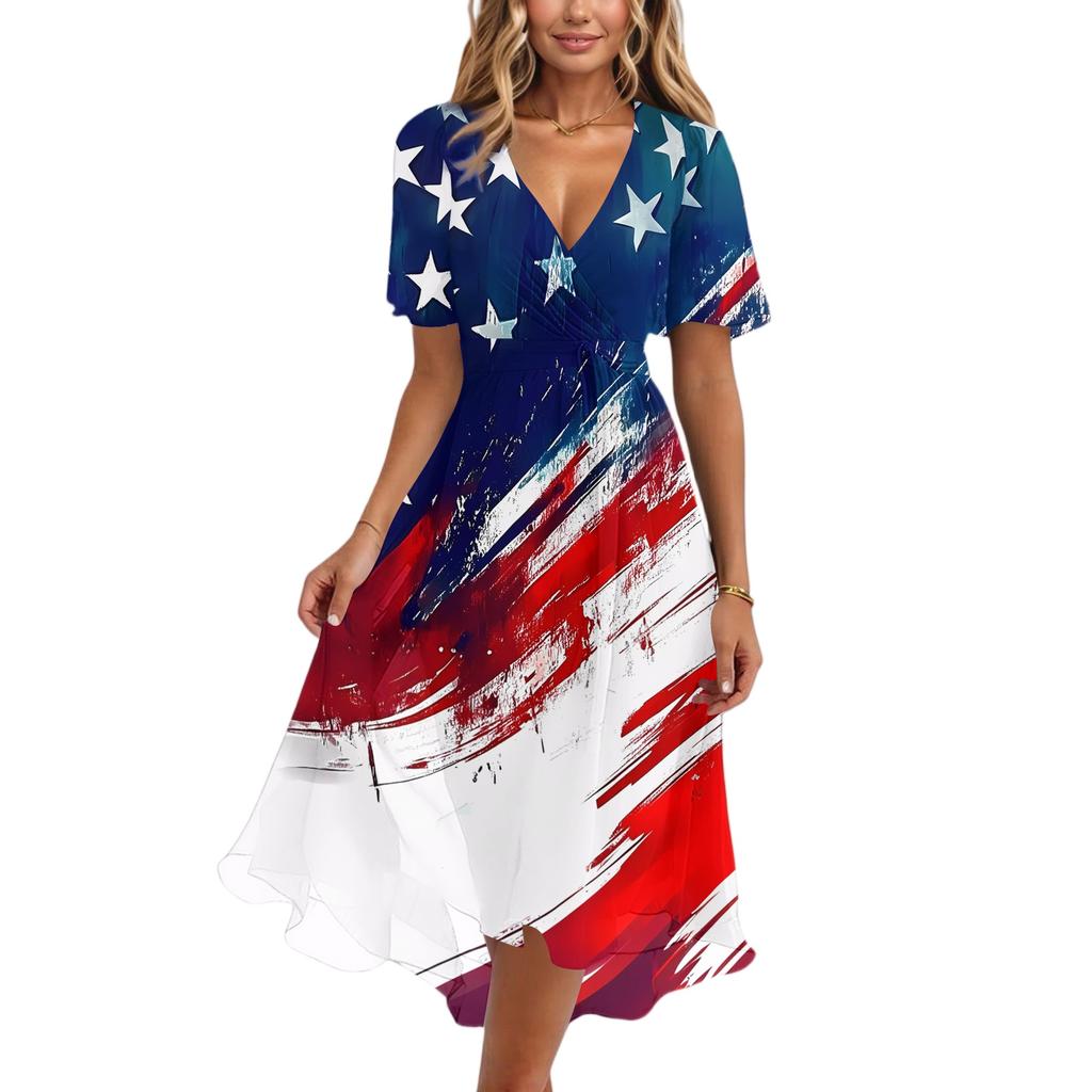 Women's Casual V-Neck Short-Sleeve Independence Day Print Dress