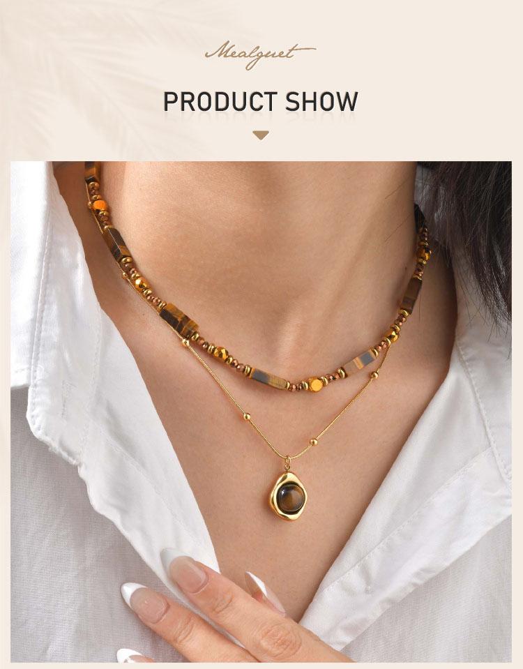 Collier œil de tigre naturel pour femme, Collier ras-de-cou superposé avec pendentif perlé style bohème, Bijou pierre irrégulière