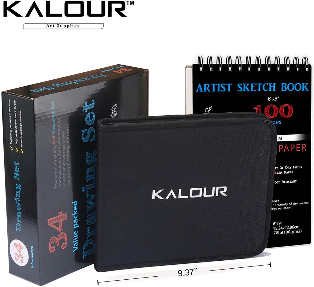 34 Pcs Sketch and Draw Pencil Set in Nylon Case for Sketching and Drawing With A5 Pad, 100 Pages and Various Accessory