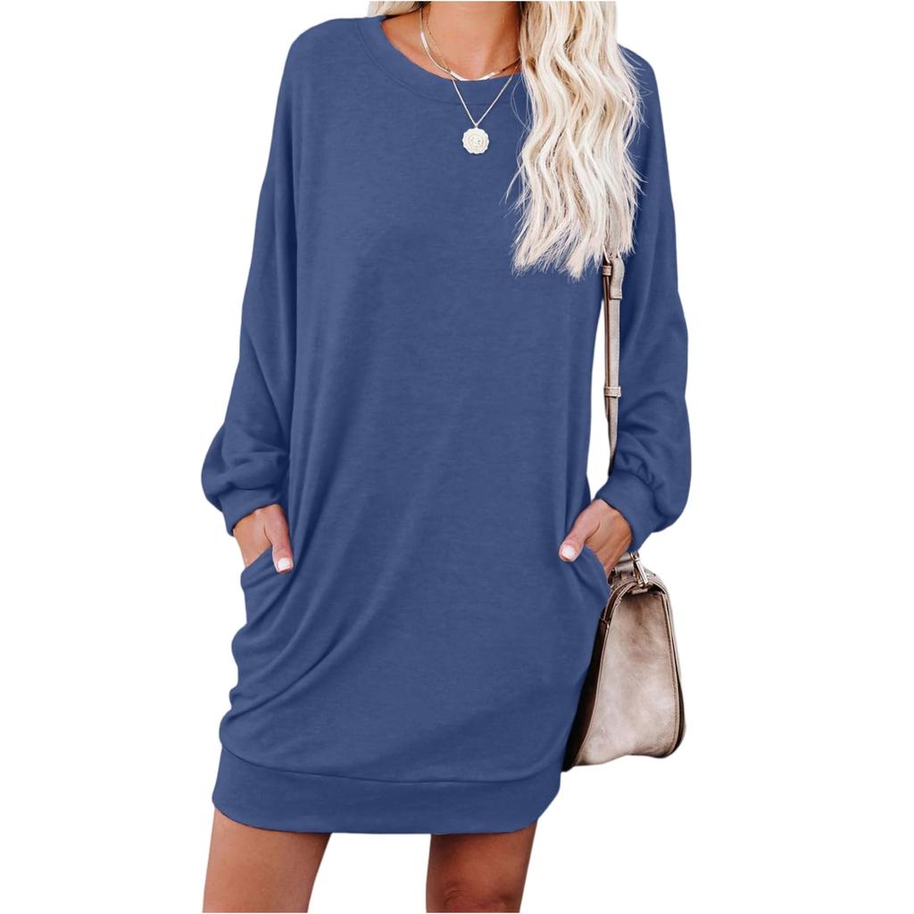 Women's Fashionable Long-sleeved Solid-color Round-neck Pocket Dress
