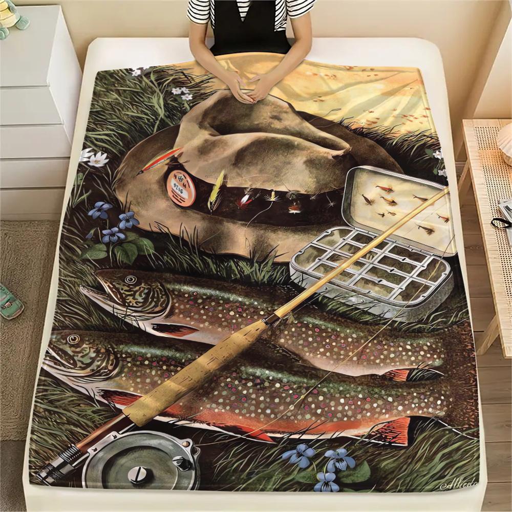 1Pc American Bass Fishing Print Flannel Blanket, High quality Comfortable for All Seasons, Home Decor, Warmth and Comfort, Perfect for Christmas Gifts