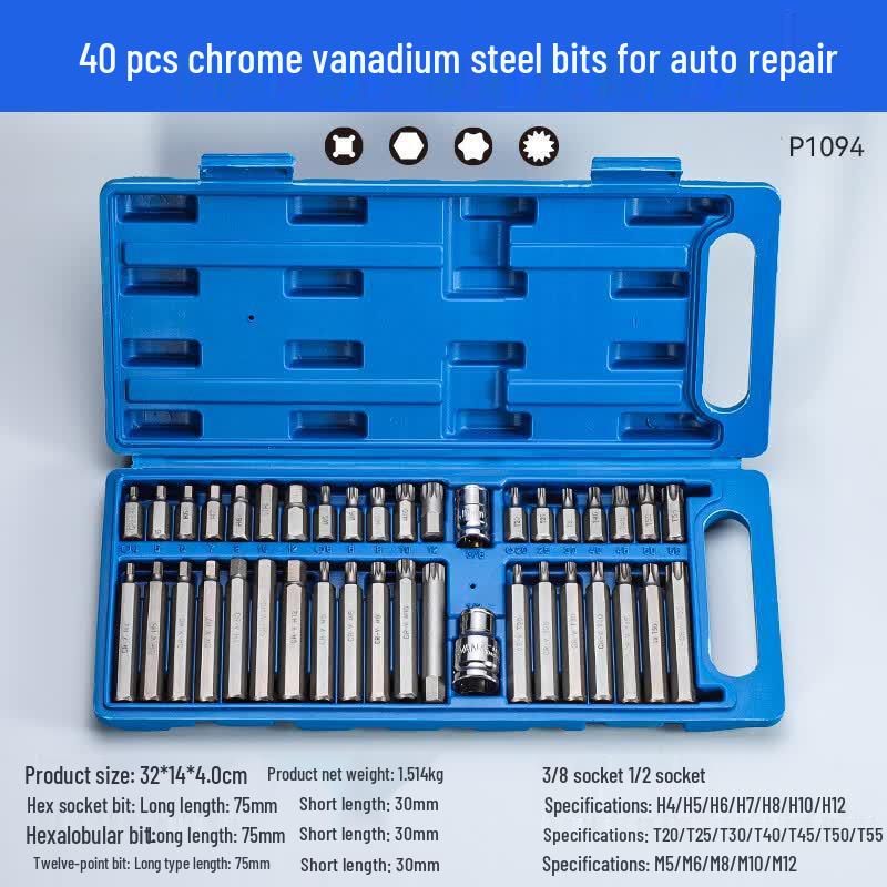 40-Piece Star Bit and Hex Socket Wrench Set for Auto Repair, Spline & Twelve-Point Torx Tools