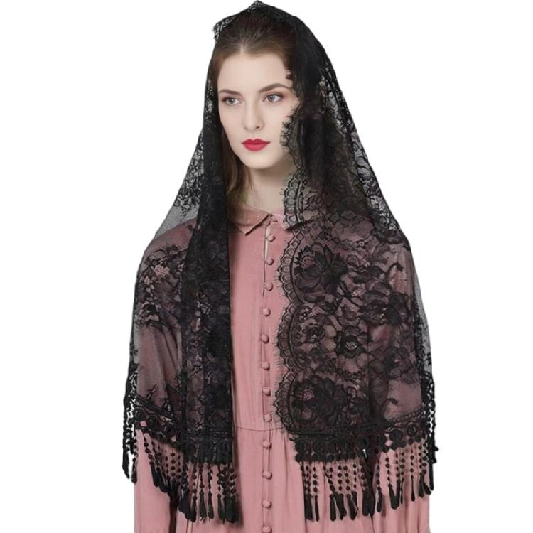 Woman Mantilla Floral Veil Lace Mantilla Veil Tasseled Shawl Headwear Mantilla