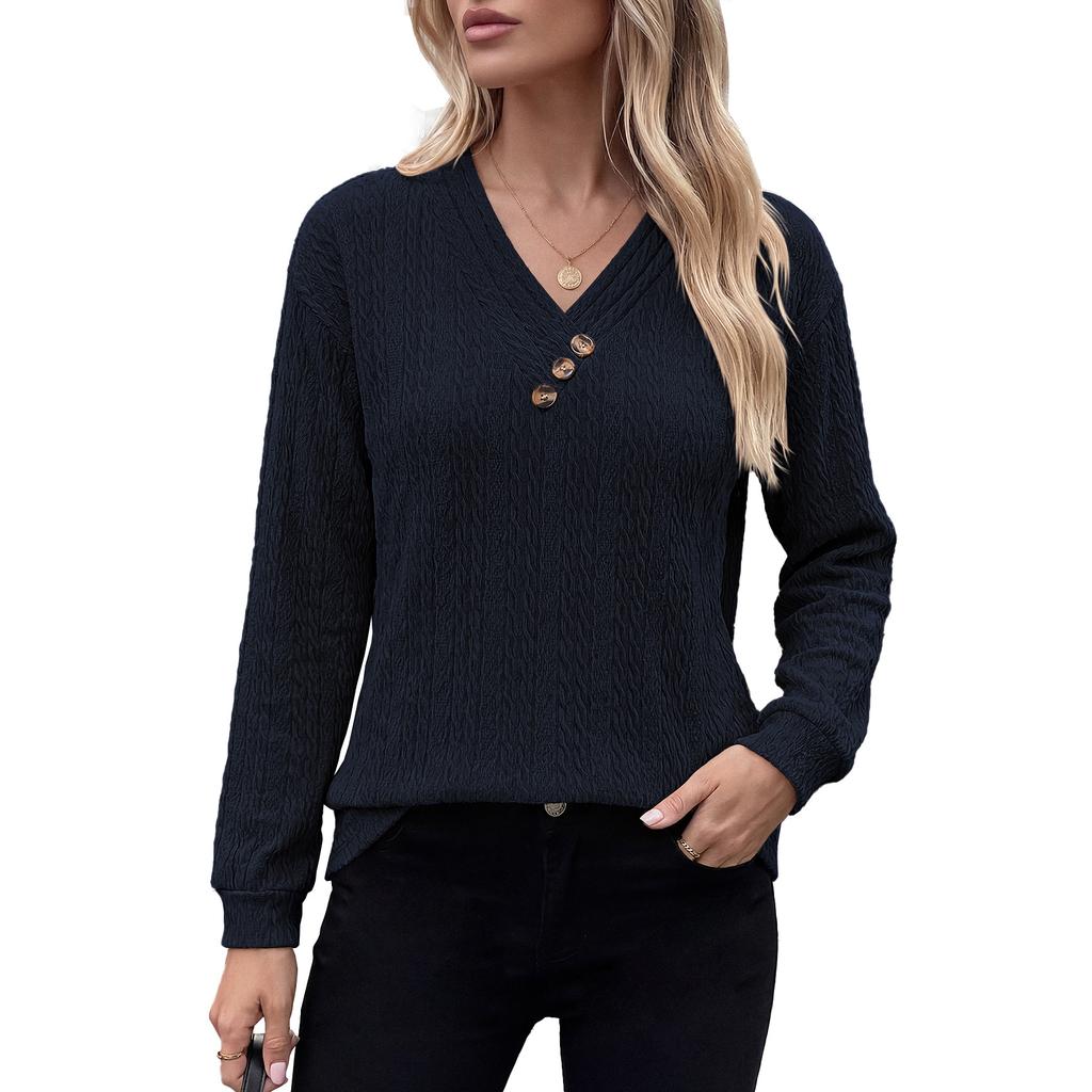 Women Solid Color V Neck Button Decoration Loose Long Sleeve Casual T Shirt Top