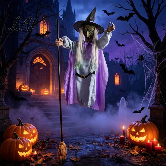 Sound Activated Party Prop 200cm Halloween Flying Witch with Scary Sounds & Glowing Eyes Spooky for Garden Creepy Yard Lawn Haunted House Decoration