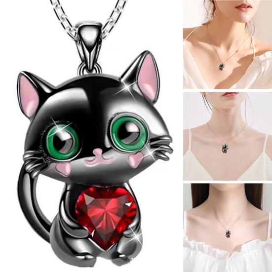 Collana da Donna Cuore Cristallo Sintetico Lucentezza Brillante Decorativa Versatile Regolabile Regali di San Valentino Accessorio Carino Cartone Animato Gatto Nero