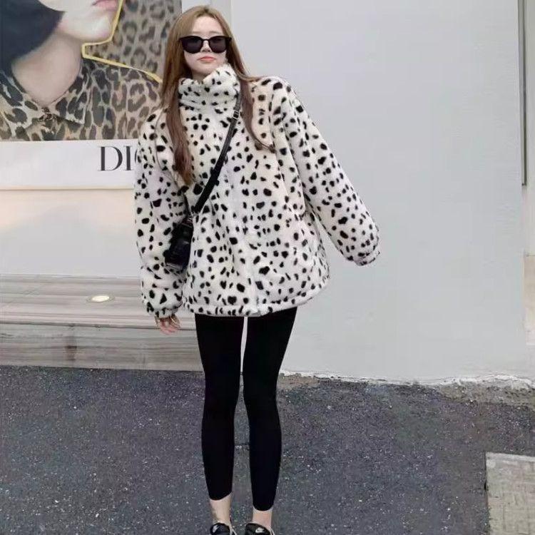 Autumn and Winter Light Imitation Fox Hair White Leopard Print Fur Coat Short Stand-up Collar Thickened Jacket