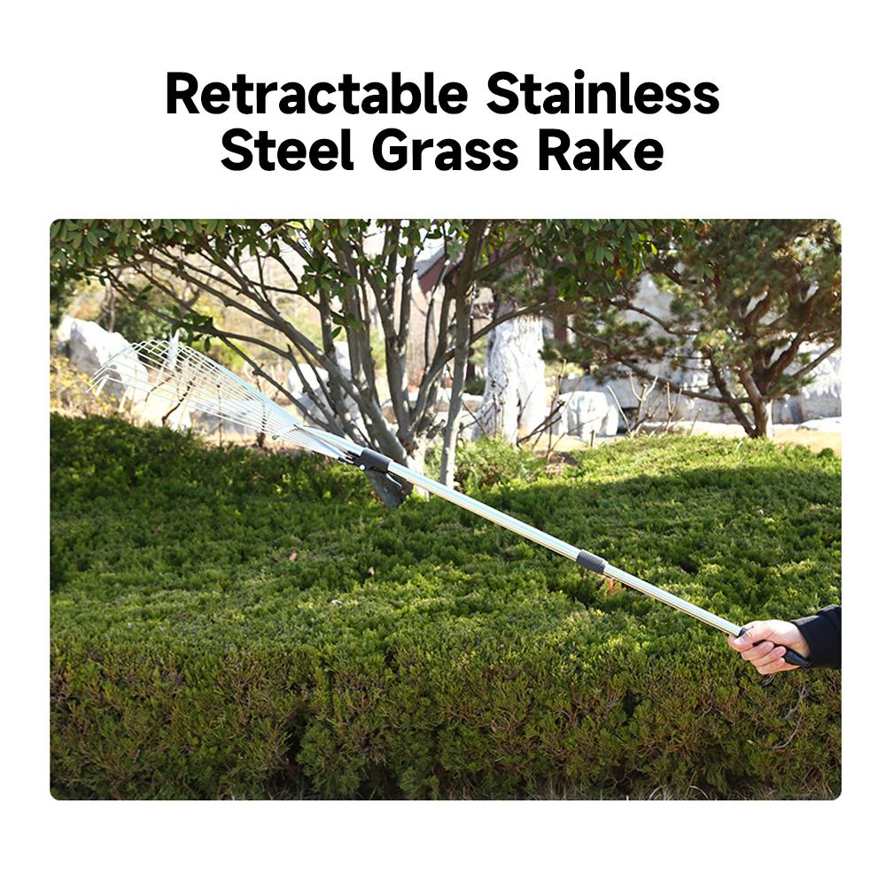 Retractable Stainless Steel Rake 15 Tines Fan-head Garden Leaves Rake Shrub Rake Garden Rake Tool for Flower Beds Lawns Yards