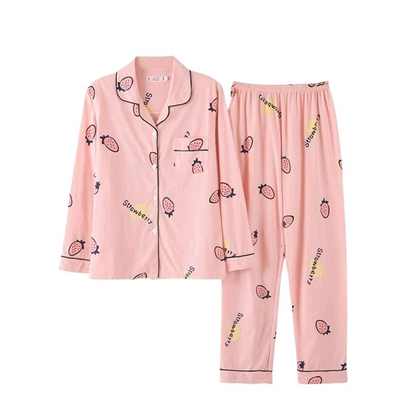Pigiama in Cotone da Donna Primavera e Autunno Manica Lunga Indumento Esterno Servizio Casalingo Coreano Completo Camicia e Pantaloni a Manica Lunga