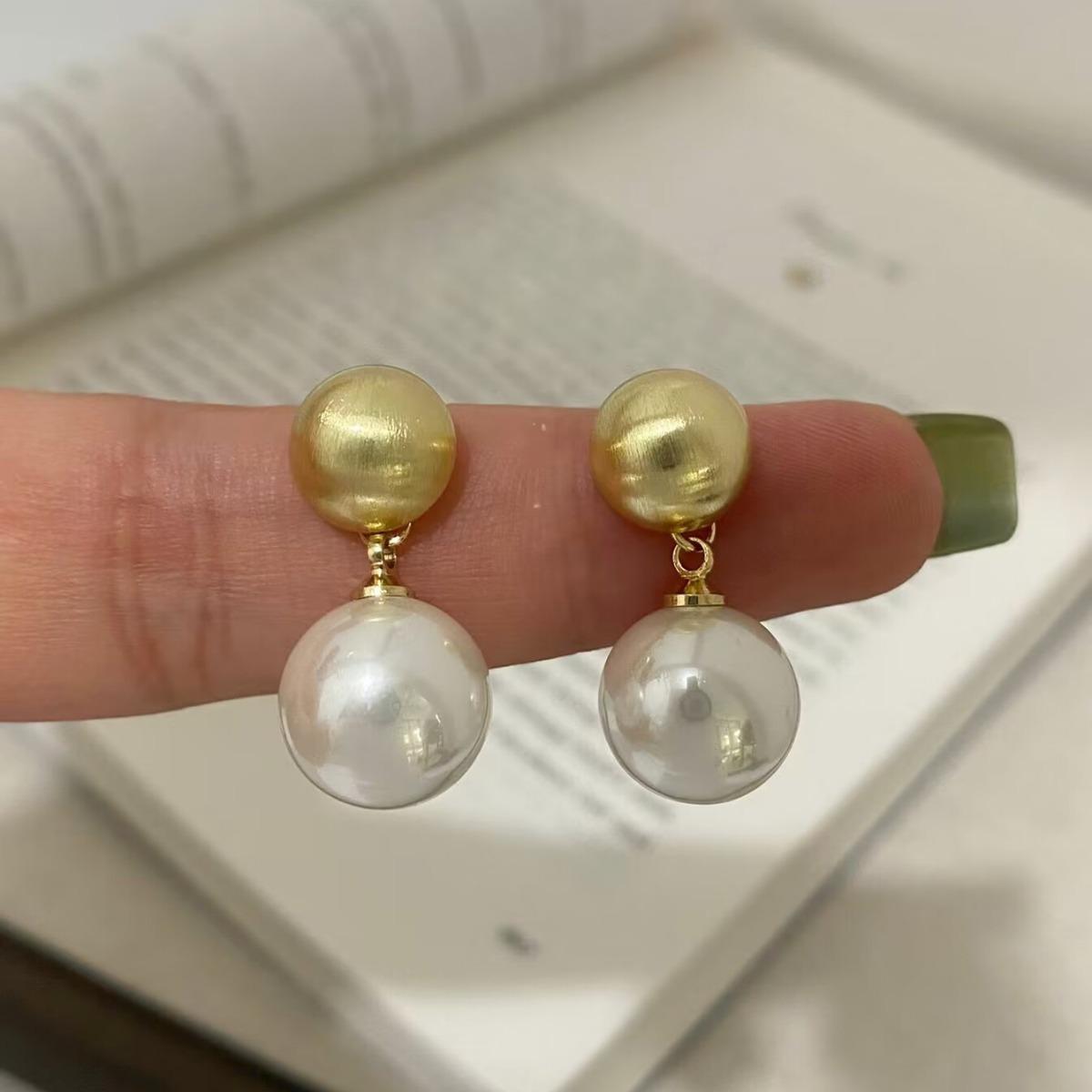 French-Inspired Gold Brushed Pearl Stud Earrings for Women - Elegant S925 Silver Design
