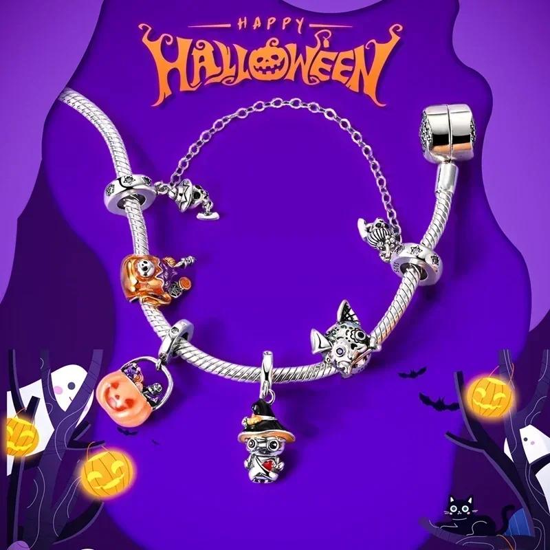 Halloween Copper Skull Charm Luminous Pumpkin Ghost Clown Bead Pendant Ring Necklace Bracelet Diy Jewelry Gift