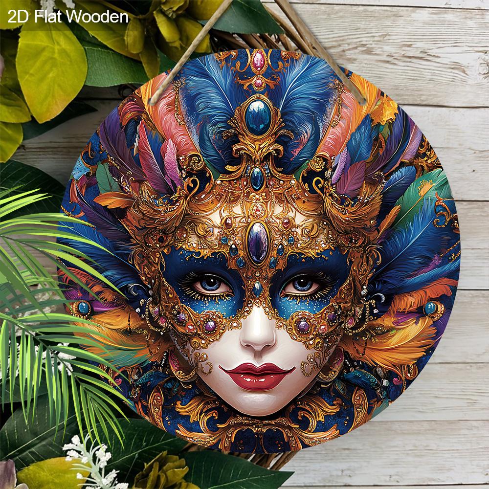 Carnival Mask Theme Round Wooden Sign, Home Wall Craft Decoration, Wooden Holiday Statue Decoration for Home, Office, Party Ideal for Mardi Gras Gifts