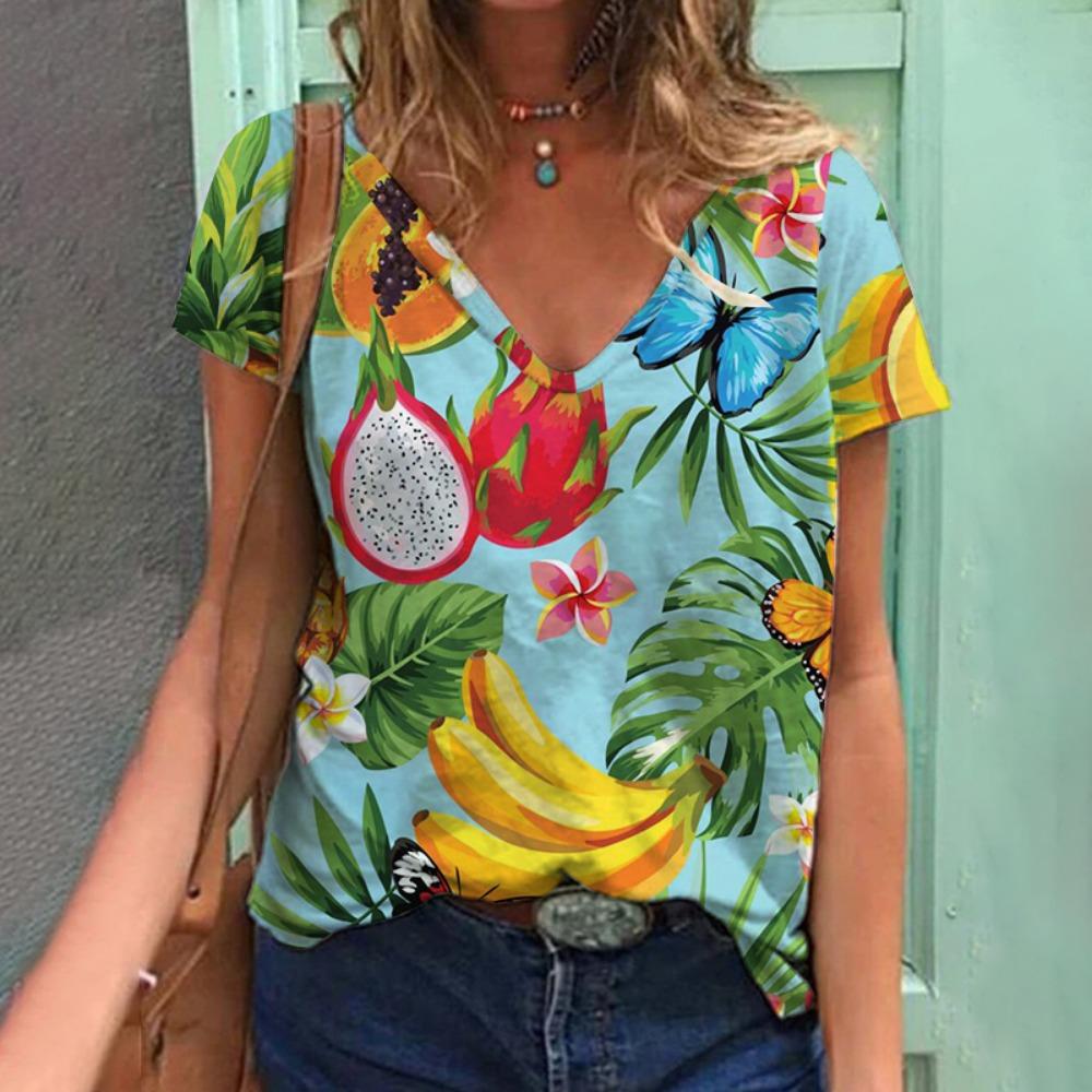 Tropical Plant Fruit 3D Printing T-shirt Summer Women's V-neck T-shirt Street Women's Clothing