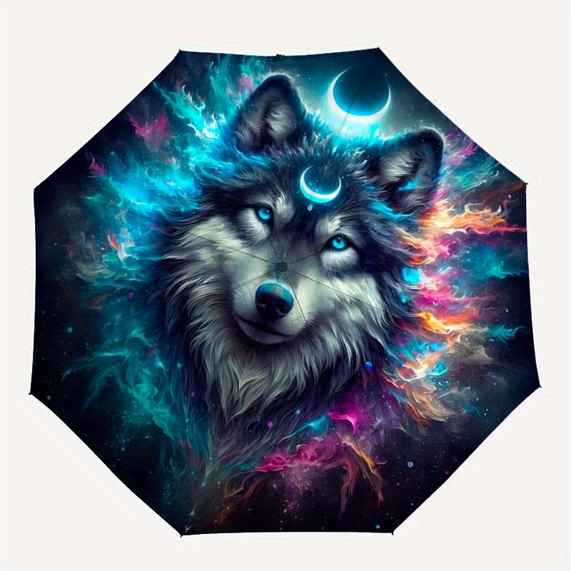 1pc Moons and Vibrant Cosmic Flames Wolf Automatic Open/CloseUmbrella,Compact Umbrella for Men & Women Day Gift.C016