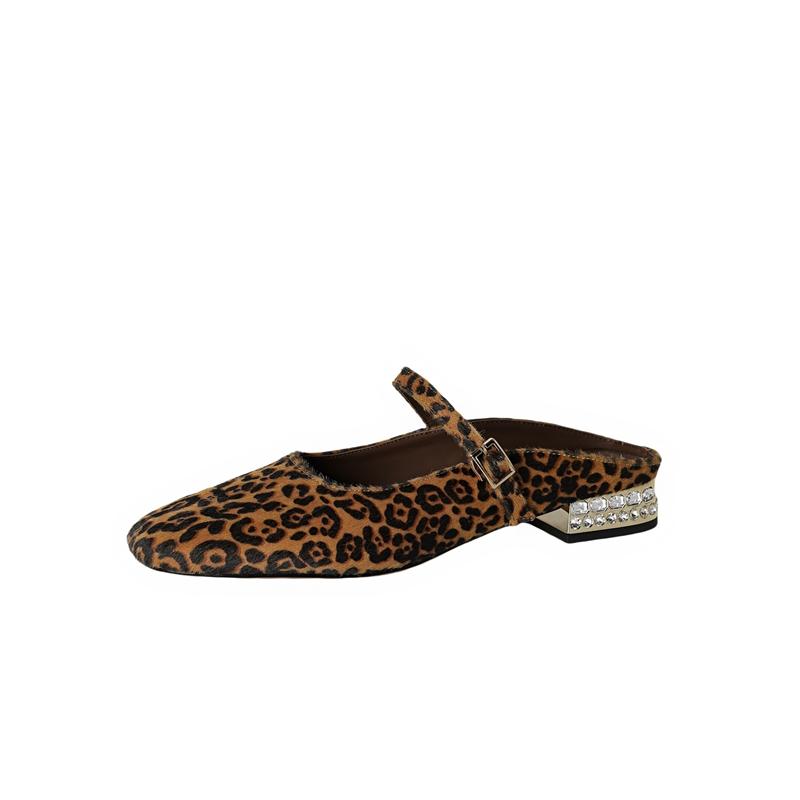 Fashion Women's New Leather Cowhide Spring and Summer Round Toe Low Heel Leopard Print Horsehair Buckle with Toe Cover Mueller Slippers