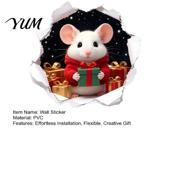 Easy Peel And Stick Decals 3D Hole Illusion Christmas Mouse Wall Sticker, Waterproof PVC Cute Animal Art Decal for Window Glass, Festive Holiday Room